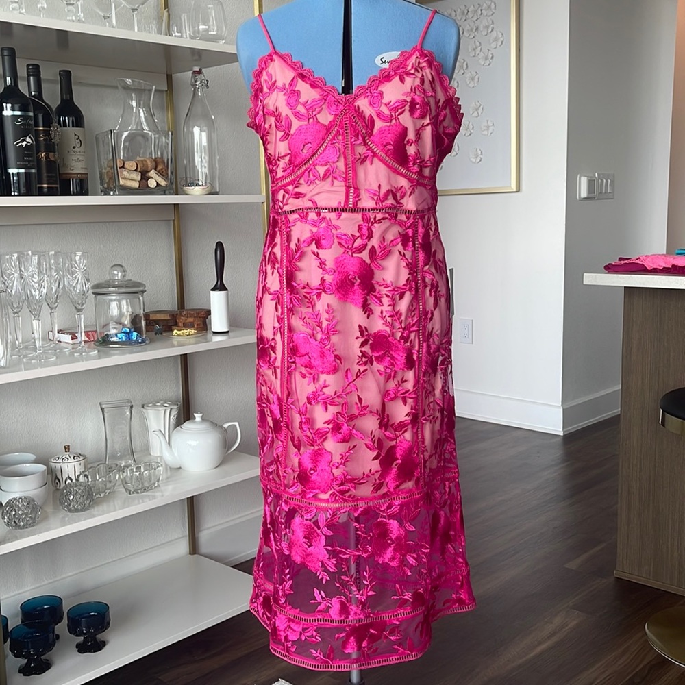 LuLus Hot Pink Lace Midi Dress